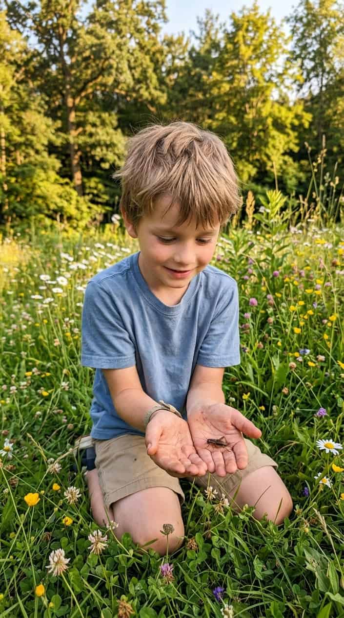 A young boy gently holding a small cricket in his hands outdoors surrounded by grass and flowers.