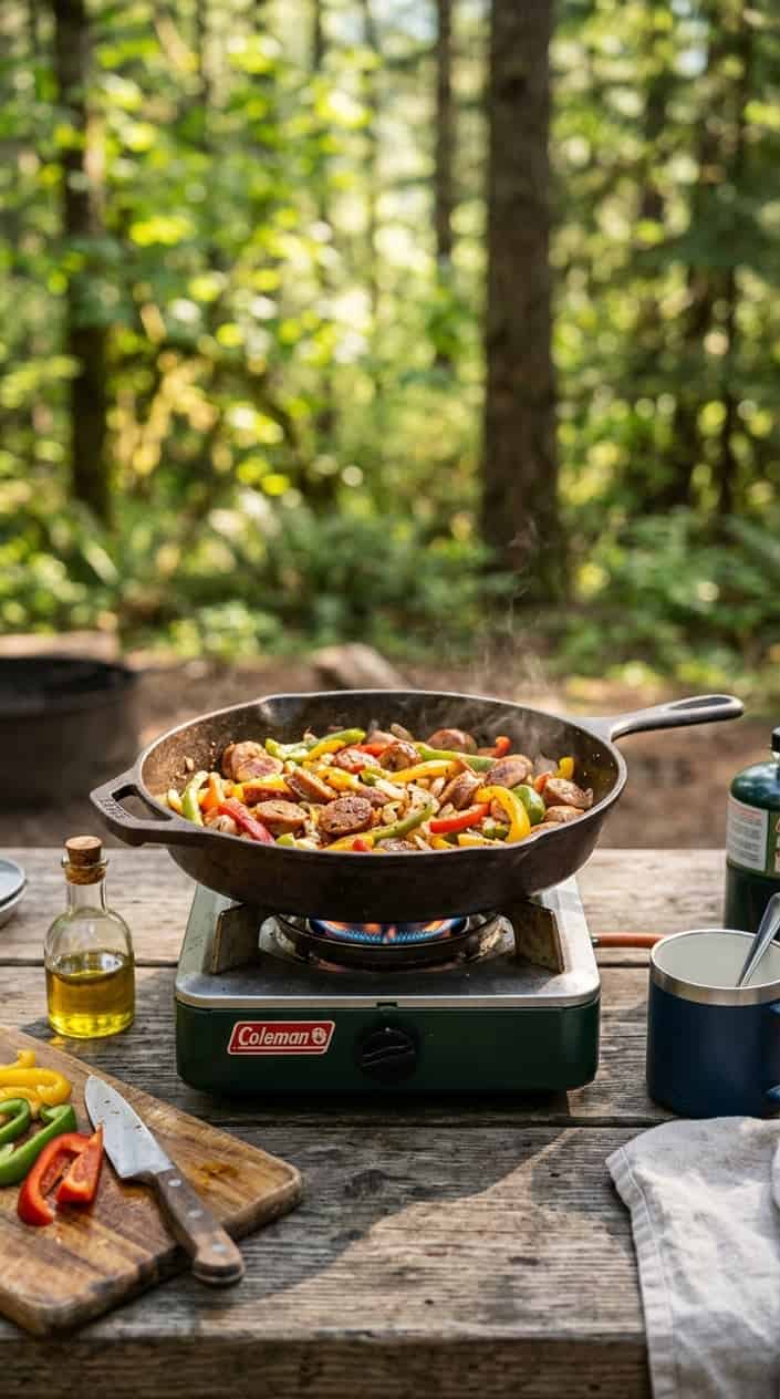 17 Camping Meals You Can Prep Ahead and Heat Over a Single-Burner Stove 12 A cast iron skillet with cooked sausage and colorful bell peppers on a portable camping stove outdoors.