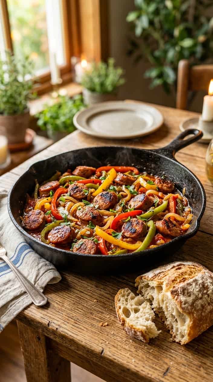 17 Summer Dinner Ideas When You're Tired of Grilling and Also Tired of Thinking 16 A black cast iron skillet with sliced smoked sausage rounds browned at the edges, surrounded by strips of red and yellow bell pepper and soft translucent onion, with a torn hunk of crusty sourdough loaf beside it on the same wooden table.