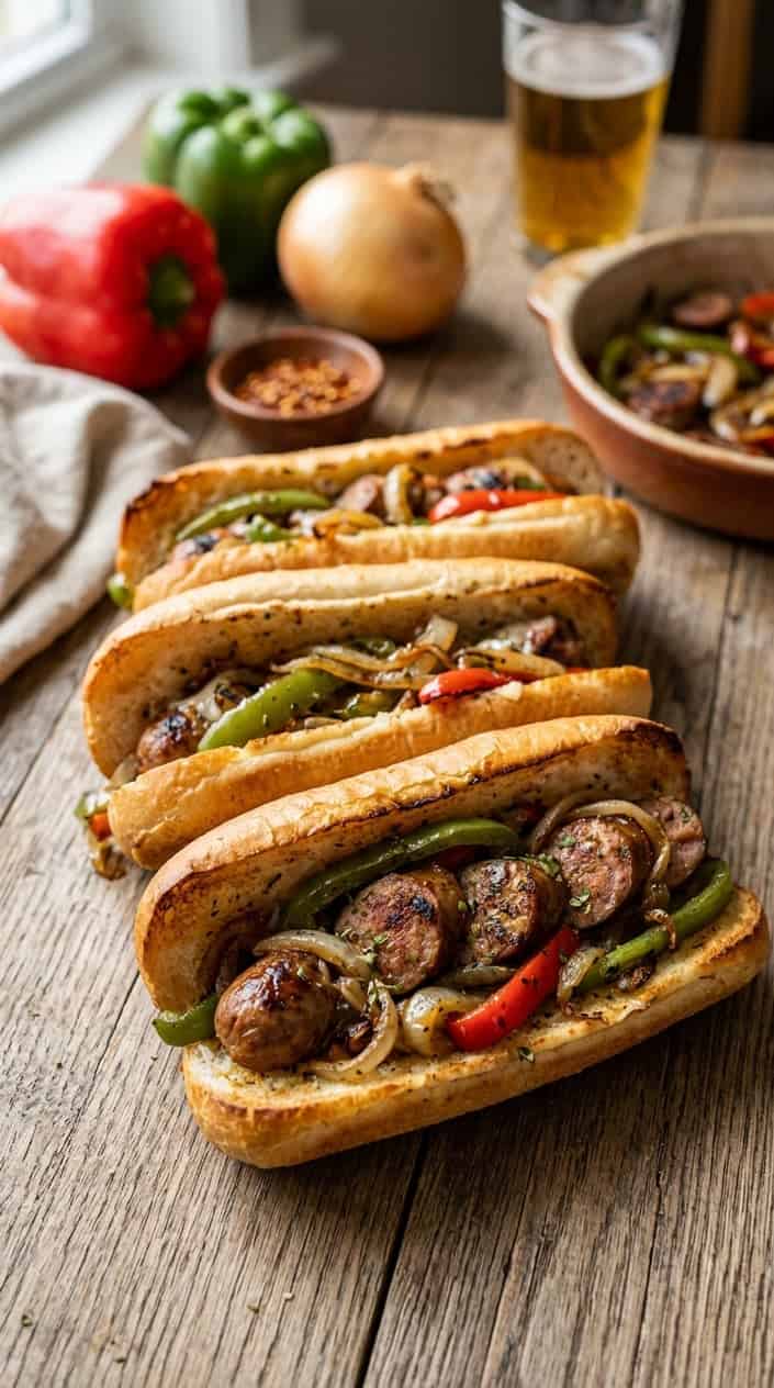 16 Easy Game Day Recipes for a Crowd 9 Several sausage, peppers, and onions hoagies on a wooden table with fresh ingredients in the background.