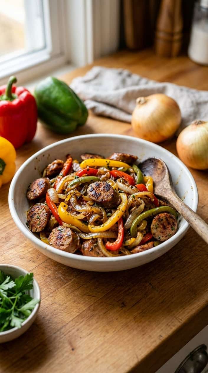 Close-up of cooked sausage, sautéed bell peppers, and onions in a bowl on a wooden countertop with fresh ingredients nearby.