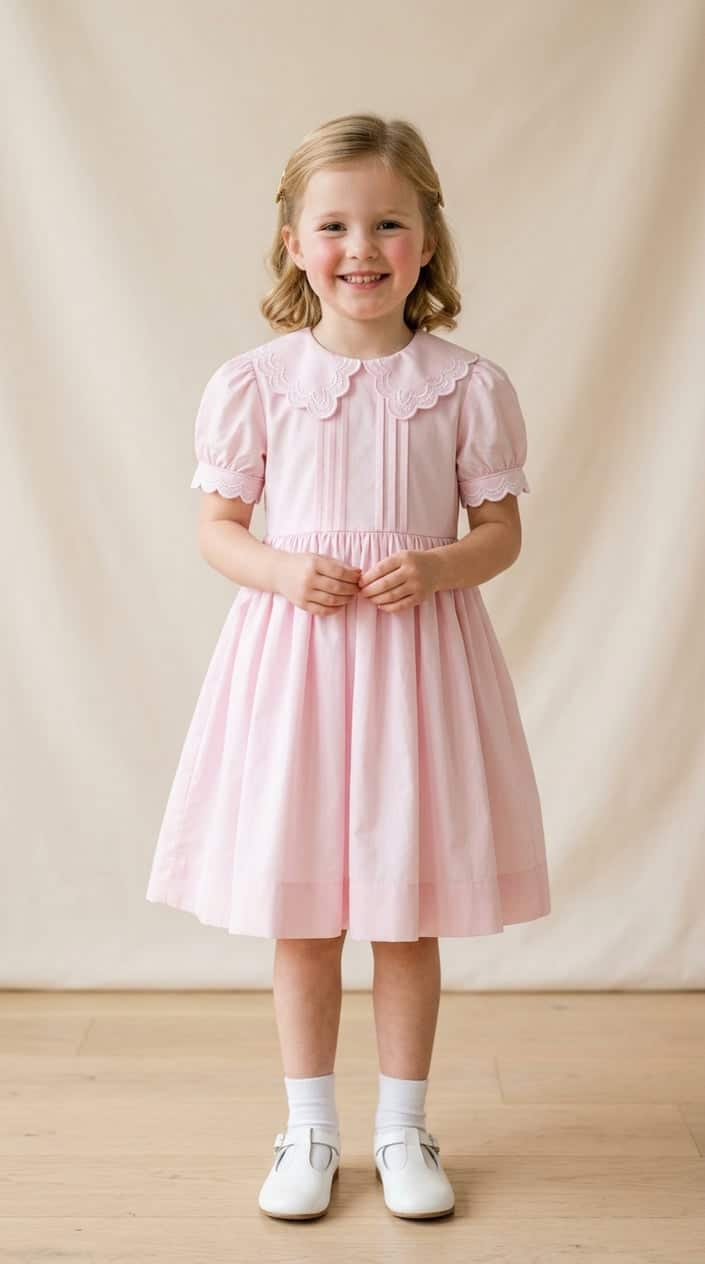 A young girl standing and smiling, wearing a light-colored dress with a scalloped collar.