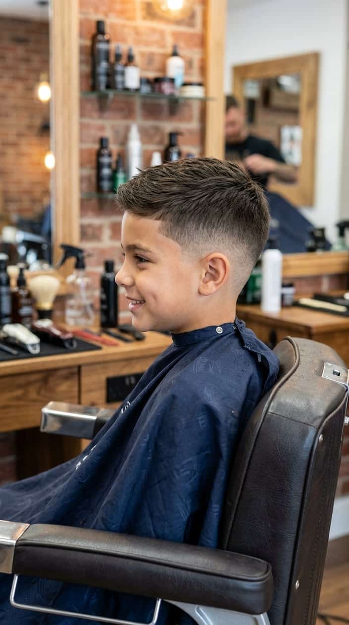A young boy sitting in a barbershop chair with a fresh haircut featuring a smooth fade and neatly trimmed hair on top.