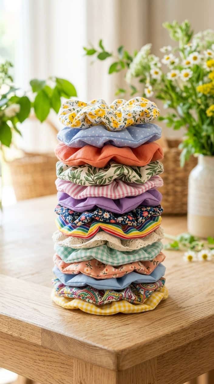 A stack of colorful cotton scrunchies arranged on a light wooden surface with soft natural light and a blurred background with green leaves.