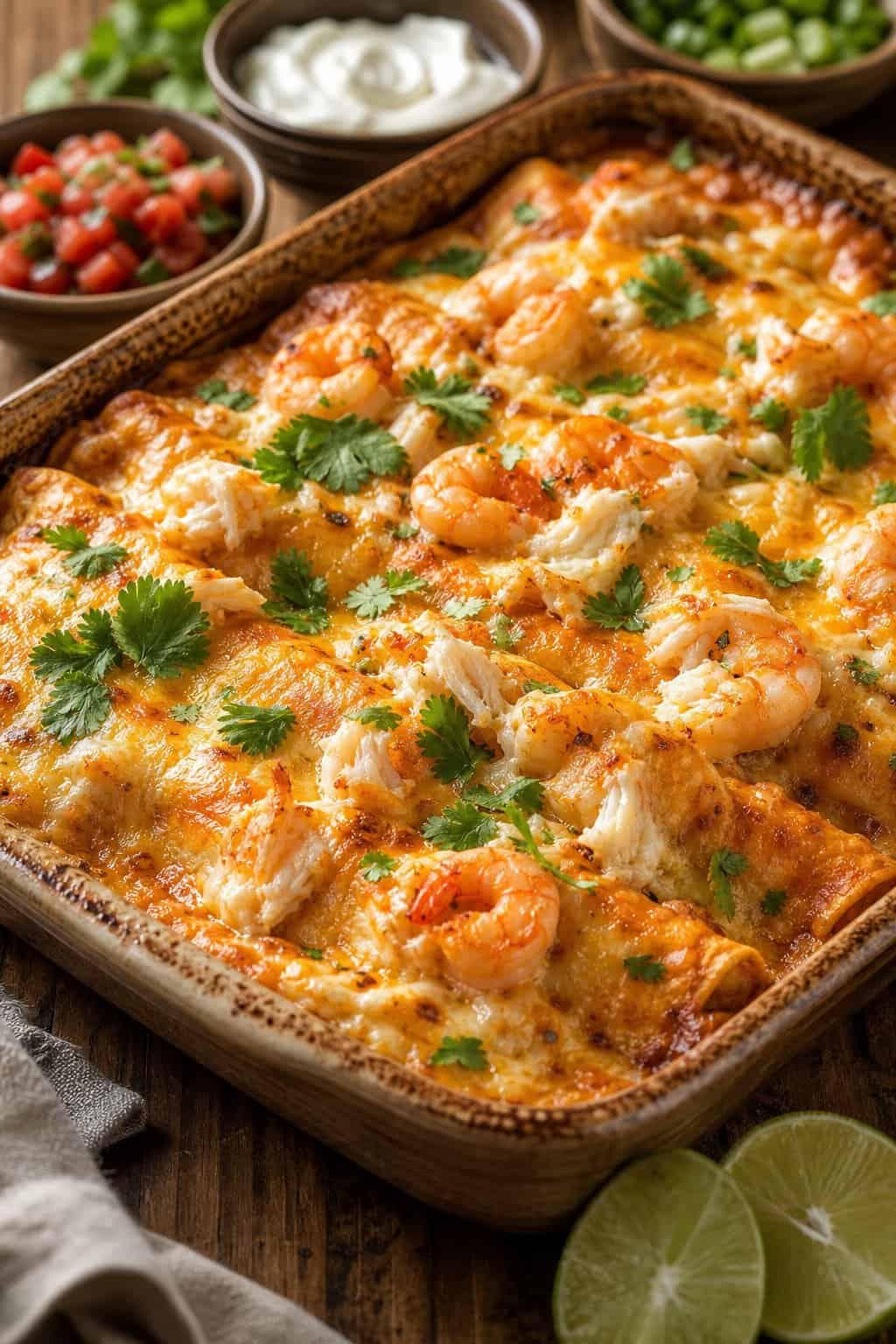 A baked seafood enchilada casserole with visible shrimp and crab in a cream sauce, garnished with fresh cilantro and lime wedges in a white ceramic baking dish on a wooden table.