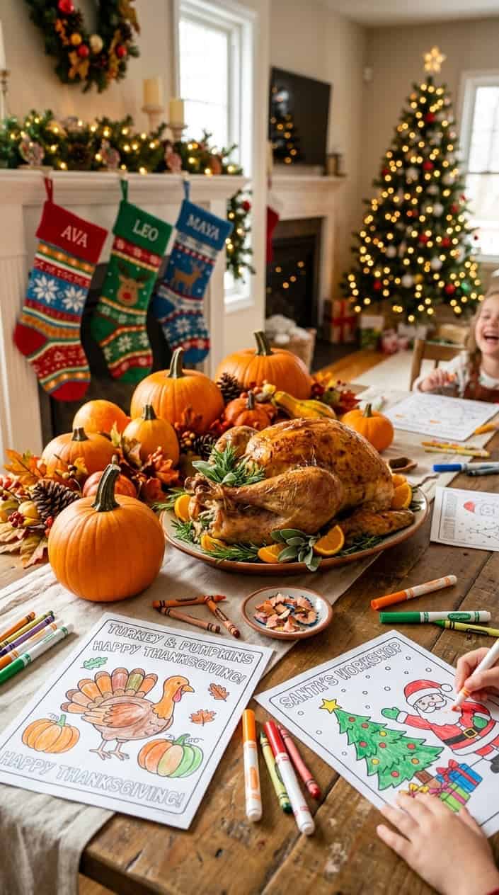 24 Free Printable Coloring Pages That Actually Hold a Kid's Attention 10 A festive arrangement of pumpkins, a roasted turkey, colorful stockings, and children's holiday-themed coloring pages with crayons.