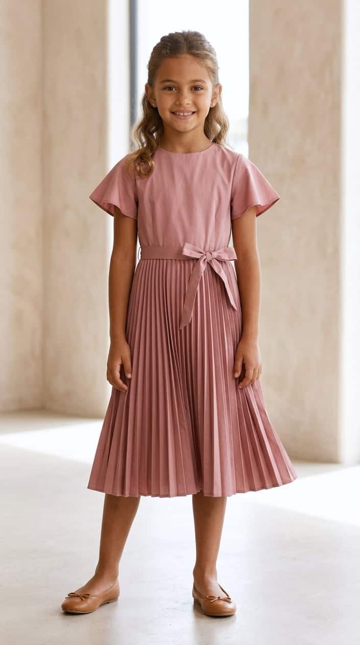 A young girl wearing a pleated midi dress with a belt, standing indoors against a neutral background.