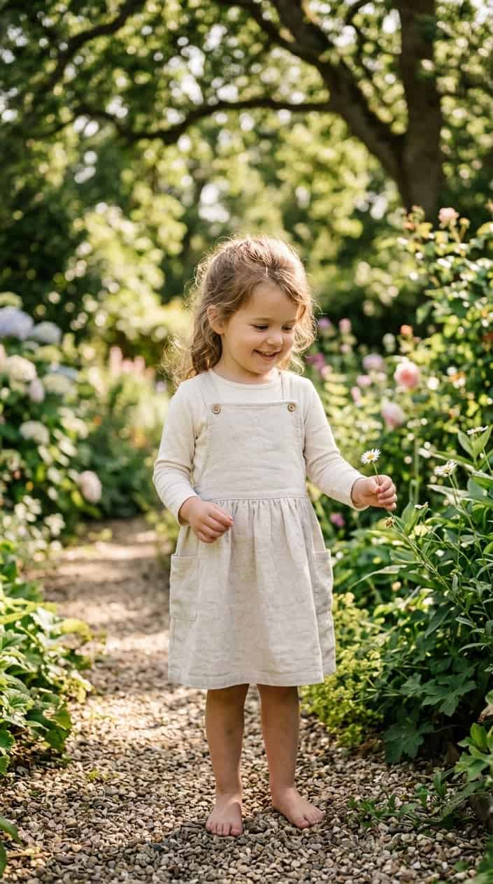 Comfortable Children's Dresses That Still Look Nice 18 A young child stands outdoors wearing a light-colored pinafore dress, surrounded by greenery and soft sunlight.