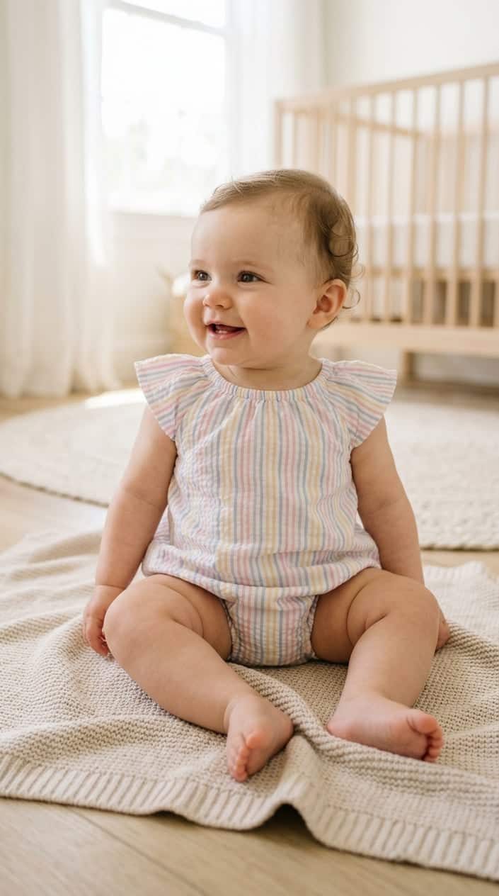 A baby sitting on a light blanket wearing a soft seersucker bubble outfit with elastic legs in a bright room.