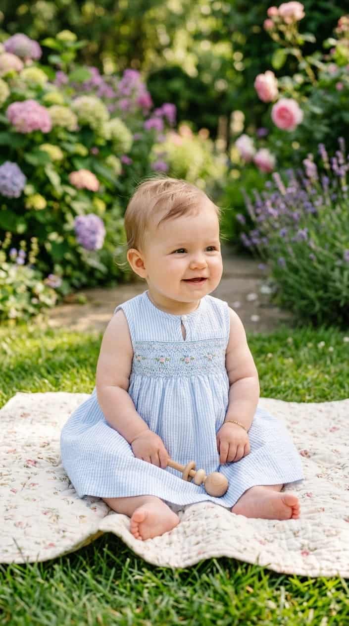 17 Baby Dress Designs for Summer That Are Actually Soft Enough to Wear 7 A baby sitting outdoors on a blanket wearing a light summer dress with a keyhole opening on the back.