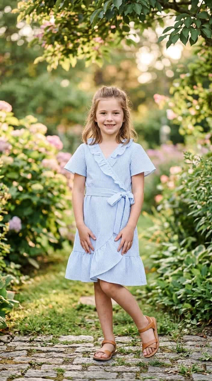 Boutique-Style Dresses for Little Girls on a Budget 9 A young girl standing outdoors wearing a light blue and white striped dress with ruffles, smiling gently with greenery in the background.