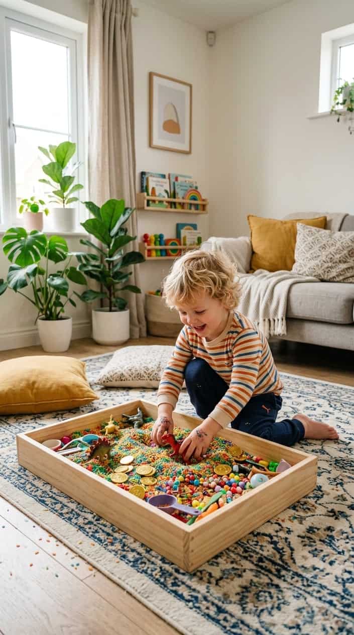 A child digging through a sensory bin filled with rice or beans and small treasures in a living room play area.