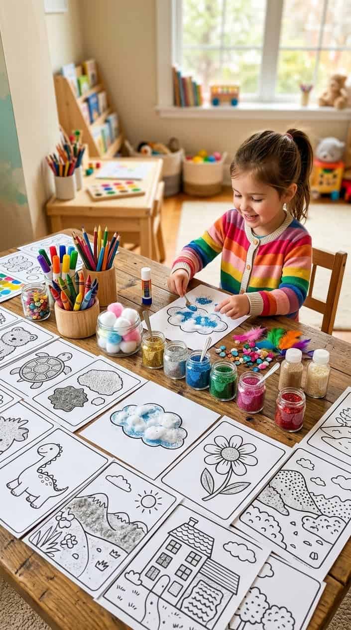24 Free Printable Coloring Pages That Actually Hold a Kid's Attention 16 A table with colorful printable coloring pages surrounded by crayons, cotton balls, and glitter spots for a children's sensory art activity.