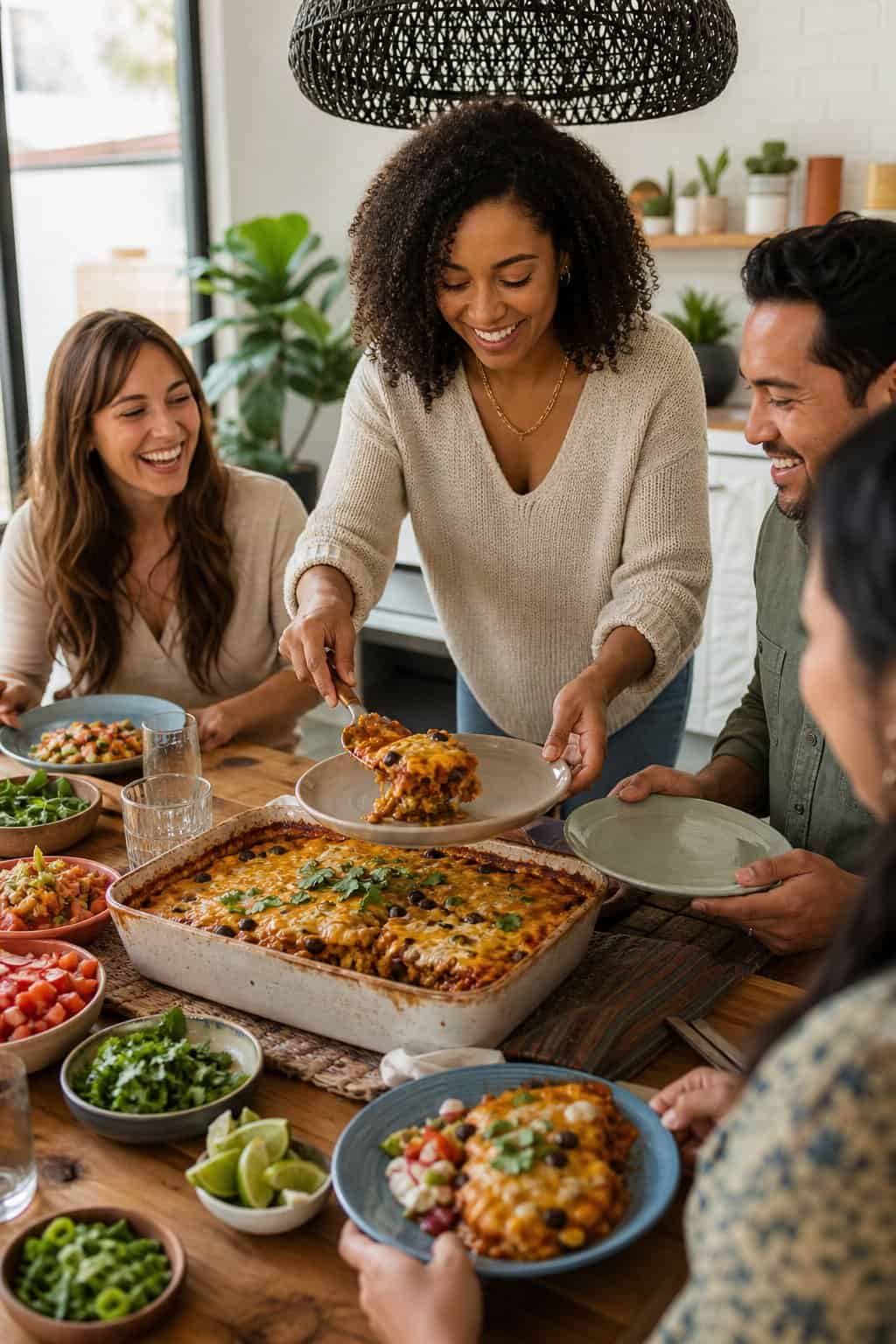 A group of adults and children serving themselves from a large enchilada casserole at a wooden dining table, with topping bowls and plates visible around the central dish.
