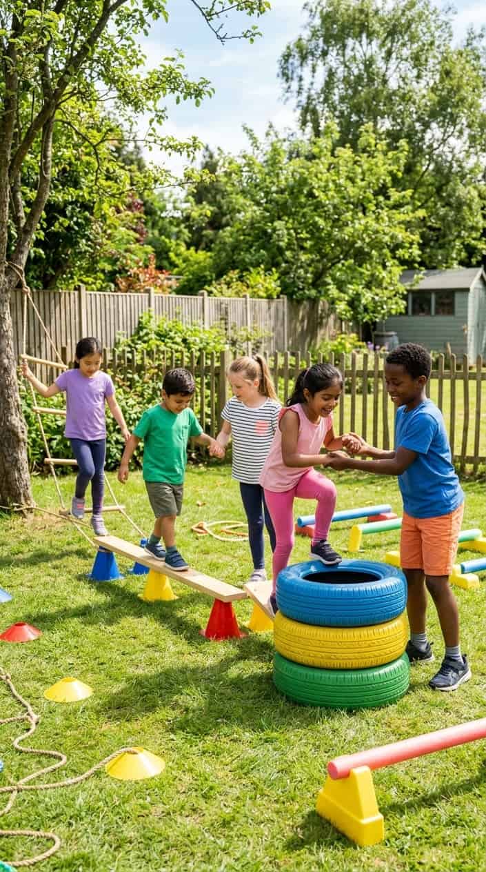 Children working together to complete a backyard obstacle course outdoors.