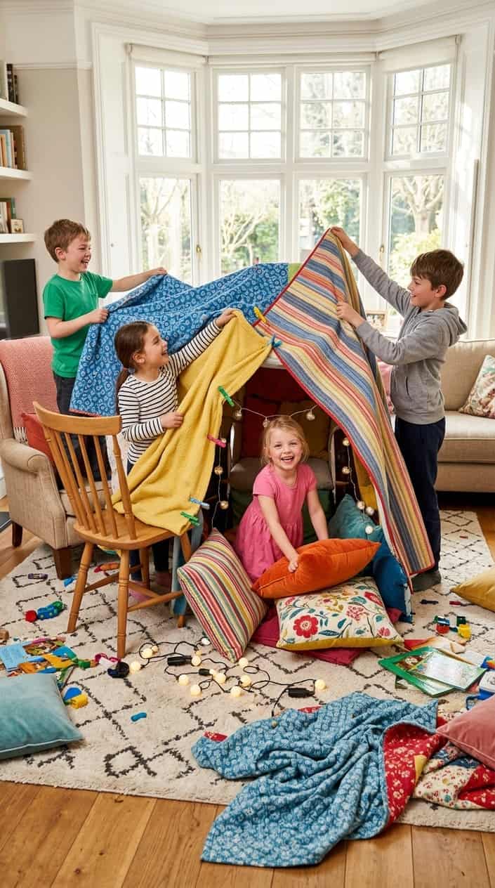 Children building a tall blanket fort together in a bright living room, playing and cooperating independently.