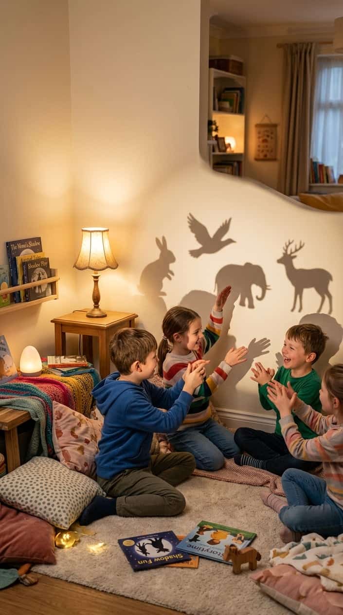 Children playing shadow puppets with their hands on a softly lit wall in a cozy indoor setting.