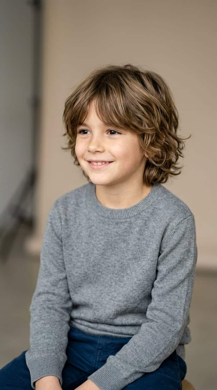 A young boy with medium-length shaggy hair and curtain bangs smiling in a studio setting.