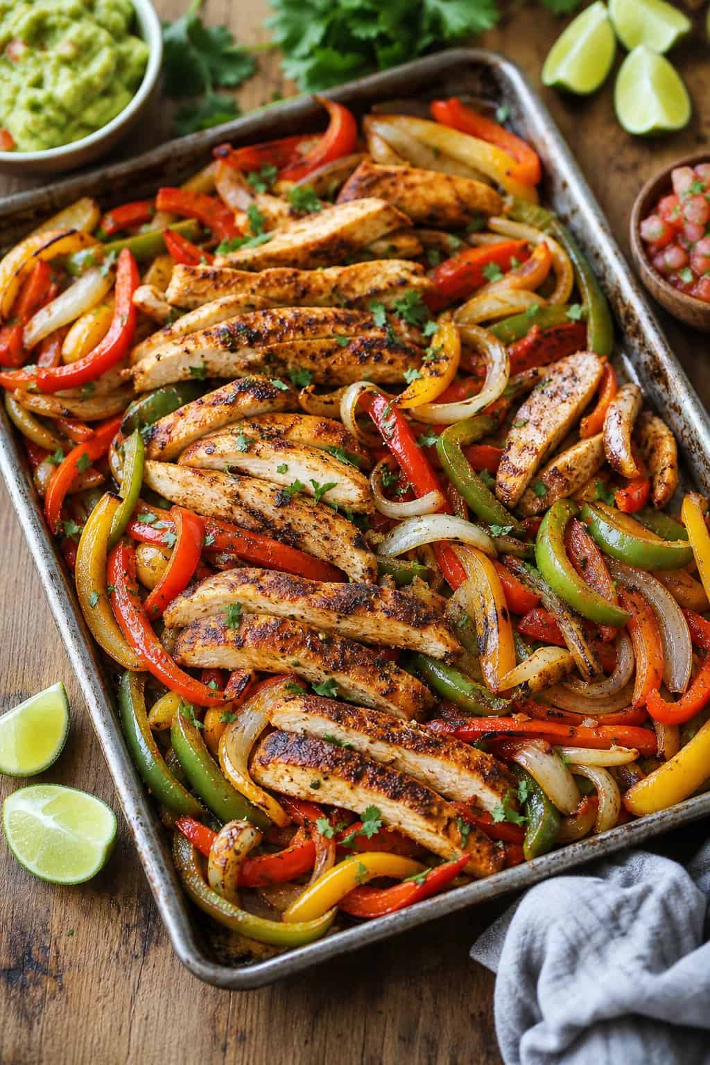 15 Leftover Chicken Recipes for Busy Weeknights 18 A foil-lined sheet pan filled with roasted chicken strips, caramelized red, yellow, and green bell pepper slices, and softened onion wedges, with lime wedges and a small bowl of salsa on the wooden table nearby.
