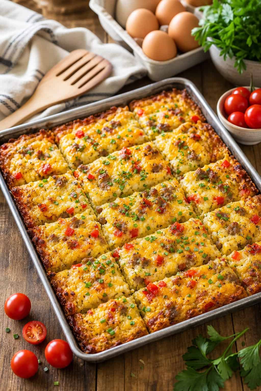 18 Breakfast Casserole with Hashbrowns for Busy School Days 19 A sheet-pan hashbrown casserole cut into neat squares on a wood table, with golden-brown crispy edges and a cheesy top, surrounded by a few fresh ingredients.