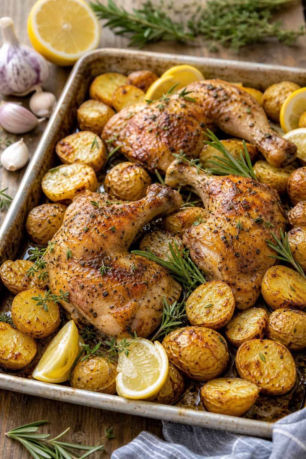 Easy Chicken Leg Recipes for Family Dinners 7 A sheet pan lined with parchment holding roasted chicken legs with crispy golden skin alongside caramelized baby potatoes, scattered with fresh rosemary sprigs and lemon slices.