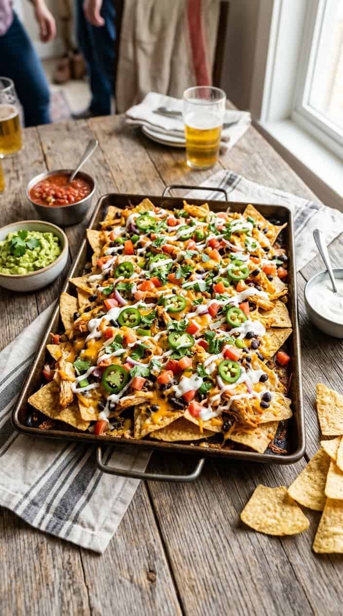 16 Easy Game Day Recipes for a Crowd 2 Sheet pan filled with loaded nachos topped with shredded rotisserie chicken and various toppings on a wooden table with bowls of salsa, guacamole, and sour cream nearby.