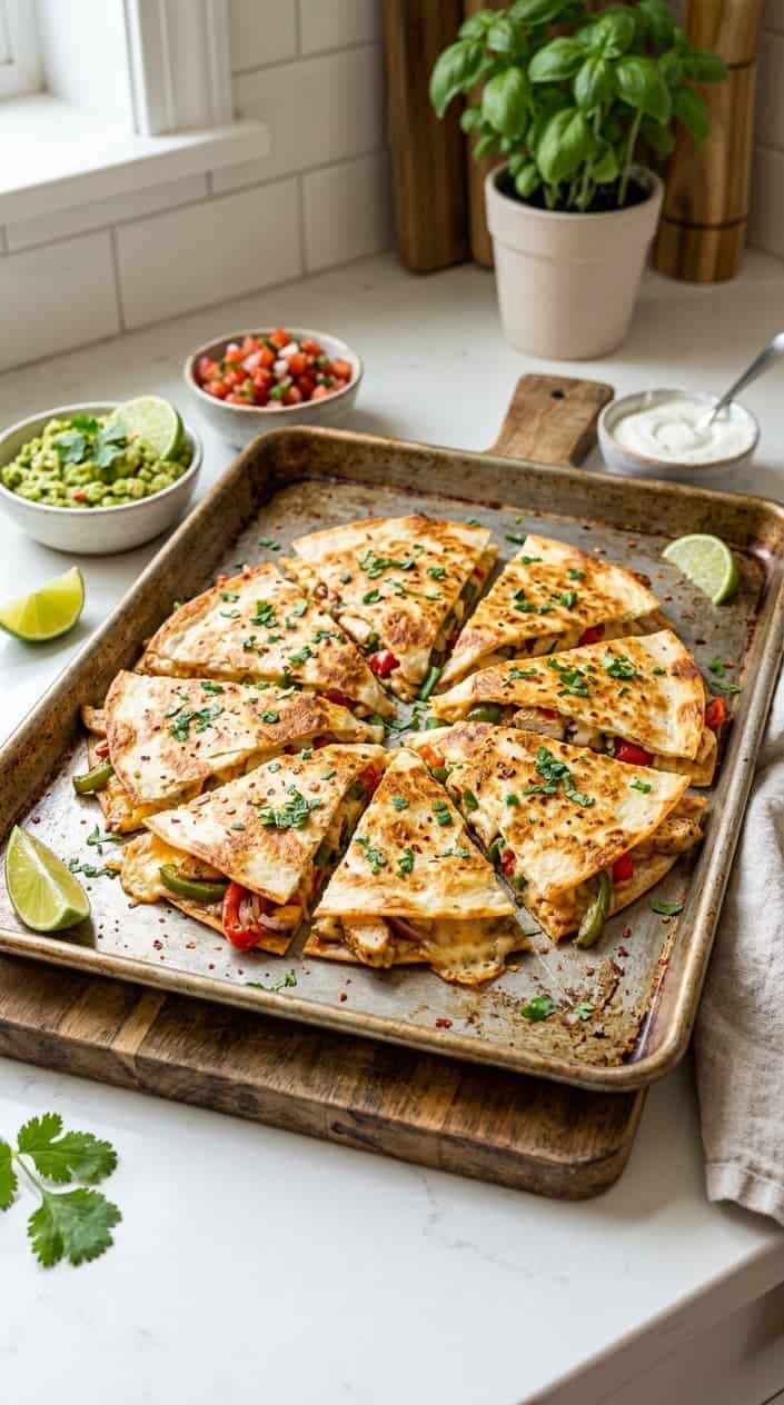 A golden-edged sheet pan quesadilla cut into triangular wedges on a kitchen countertop, revealing melted cheese and visible corn and red onion, with small bowls of salsa and sour cream alongside.