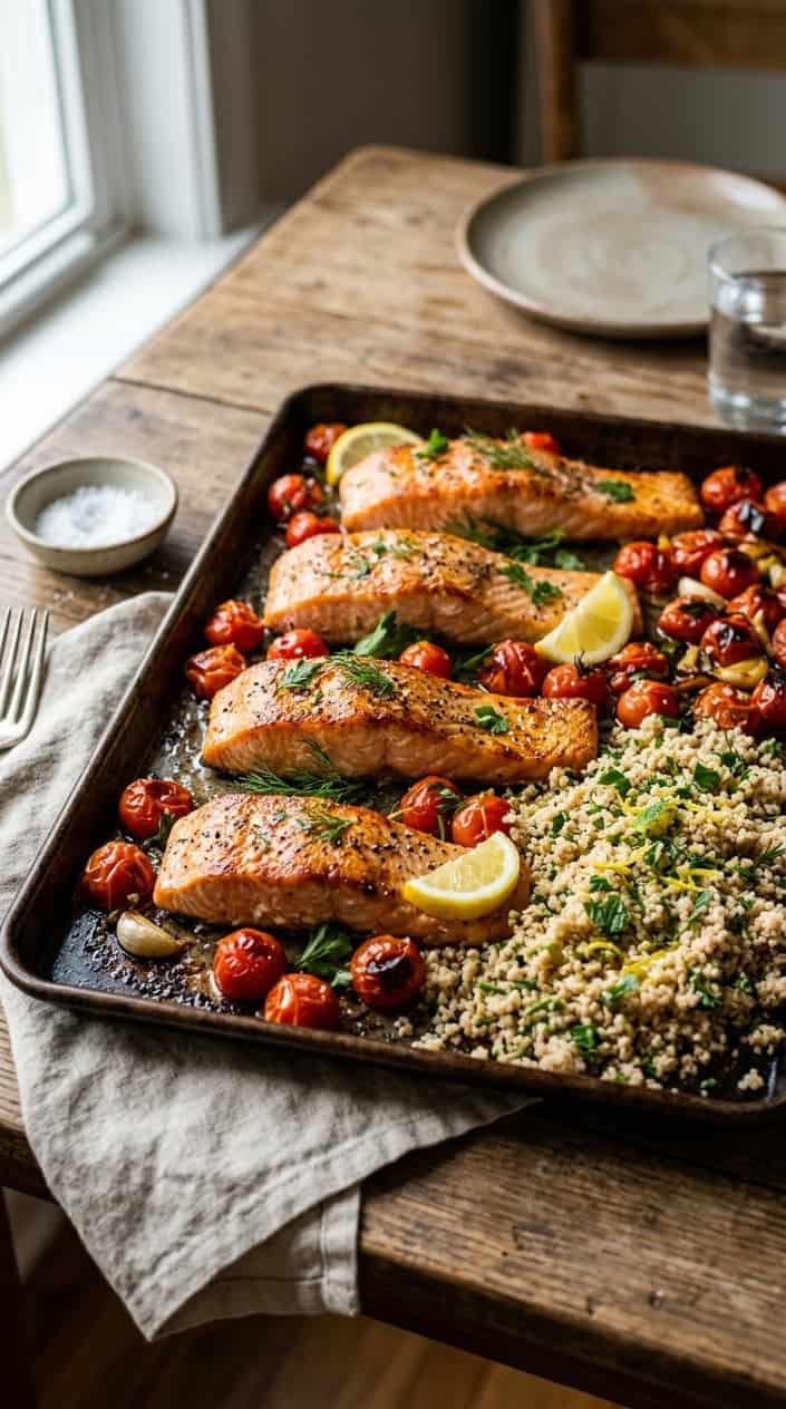 17 Summer Dinner Ideas When You're Tired of Grilling and Also Tired of Thinking 3 A foil-lined sheet pan with two pink salmon fillets surrounded by blistered cherry tomatoes and a mound of fluffy couscous flecked with fresh parsley.