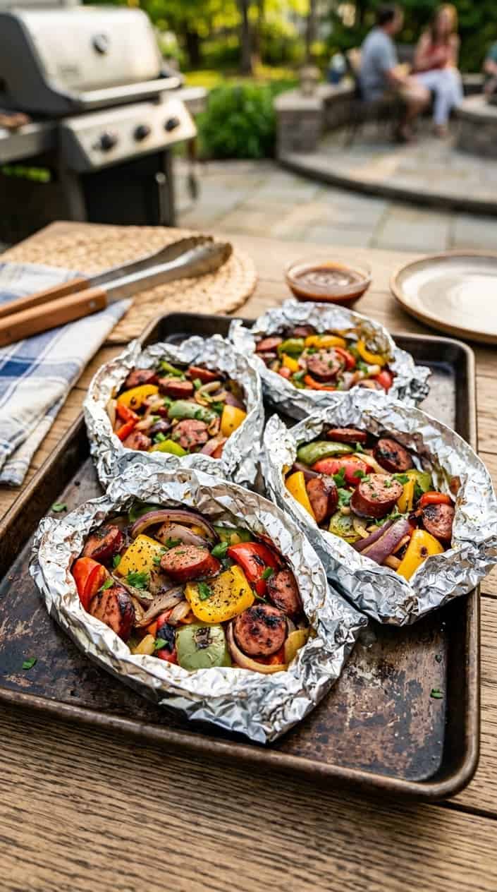 Open foil packets with smoked sausage, colorful bell peppers, and onions on a sheet pan on a wooden table.