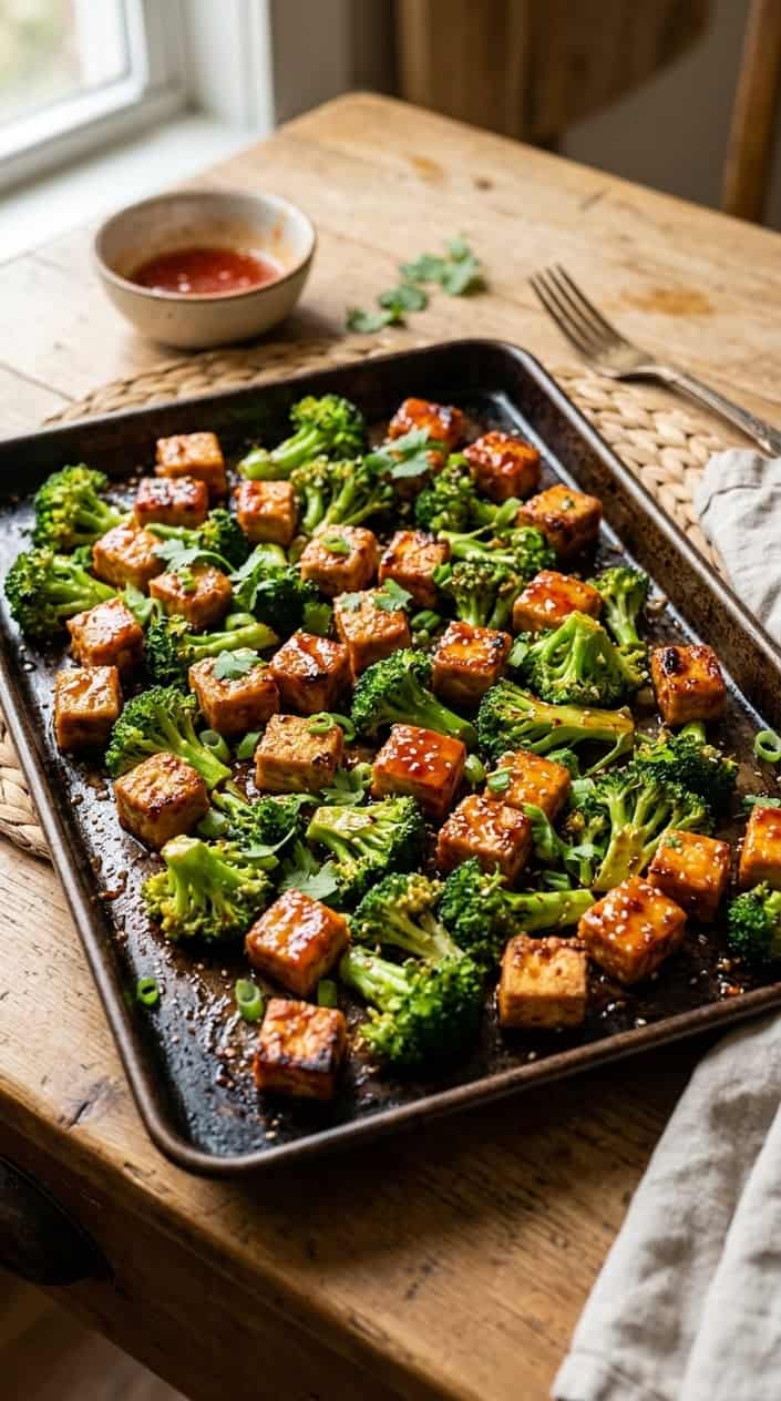 17 Summer Dinner Ideas When You're Tired of Grilling and Also Tired of Thinking 18 A foil-lined sheet pan with evenly spaced golden-edged tofu cubes and dark green broccoli florets coated in a shiny red-orange sweet chili glaze, finished with a scatter of white sesame seeds and thin-sliced green onion.