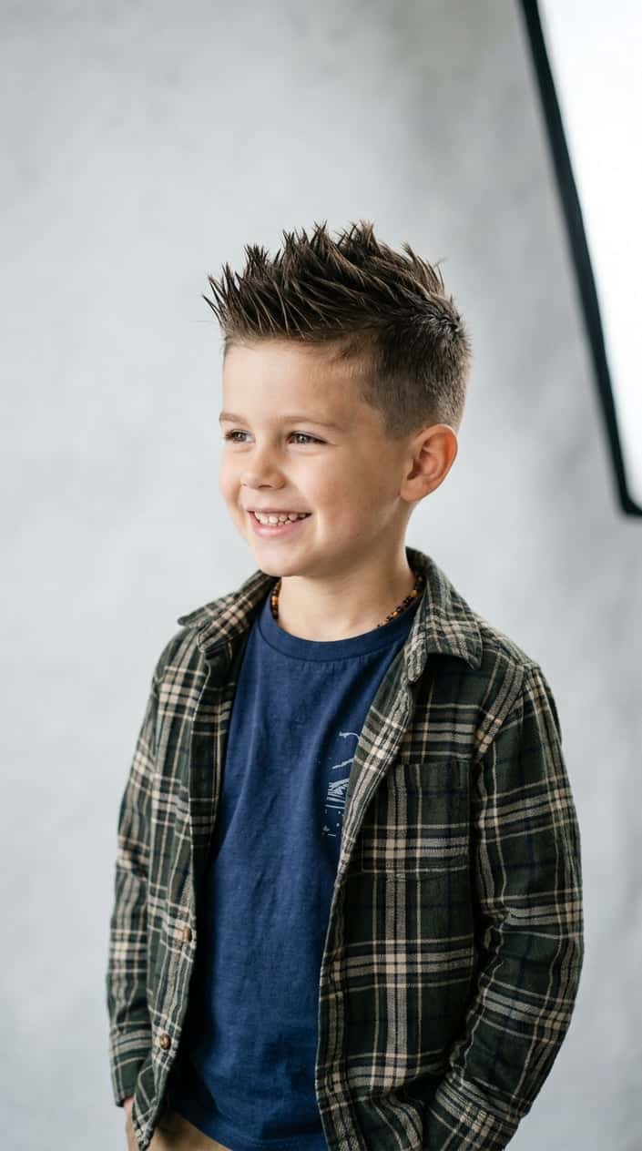 A young boy with a short spiky hairstyle smiling in a studio setting.