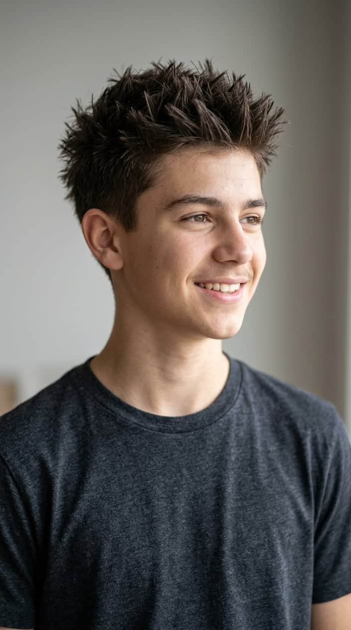 A teenage boy with short spiky hair styled upwards, smiling slightly and looking to the side against a neutral background.