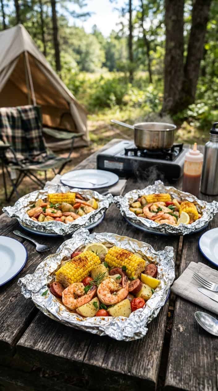 17 Camping Meals You Can Prep Ahead and Heat Over a Single-Burner Stove 14 Open foil packets containing shrimp, corn, and potatoes on a wooden picnic table outdoors with camping gear nearby.