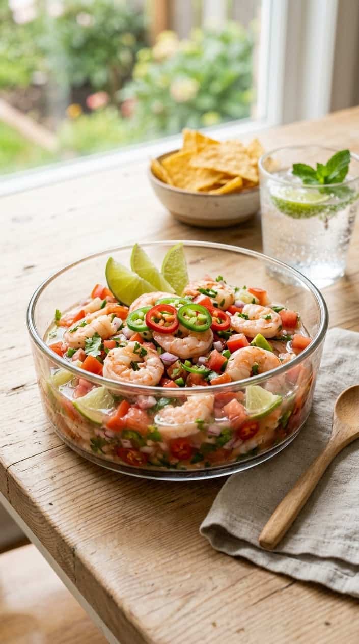 A bowl of shrimp ceviche with lime wedges and jalapeño slices on a wooden table, accompanied by tortilla chips and a glass of water.