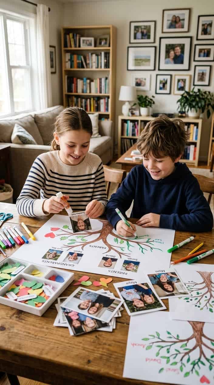 Two siblings sitting together at a table in a cozy living room, working on a family tree craft project with papers and photos spread in front of them.