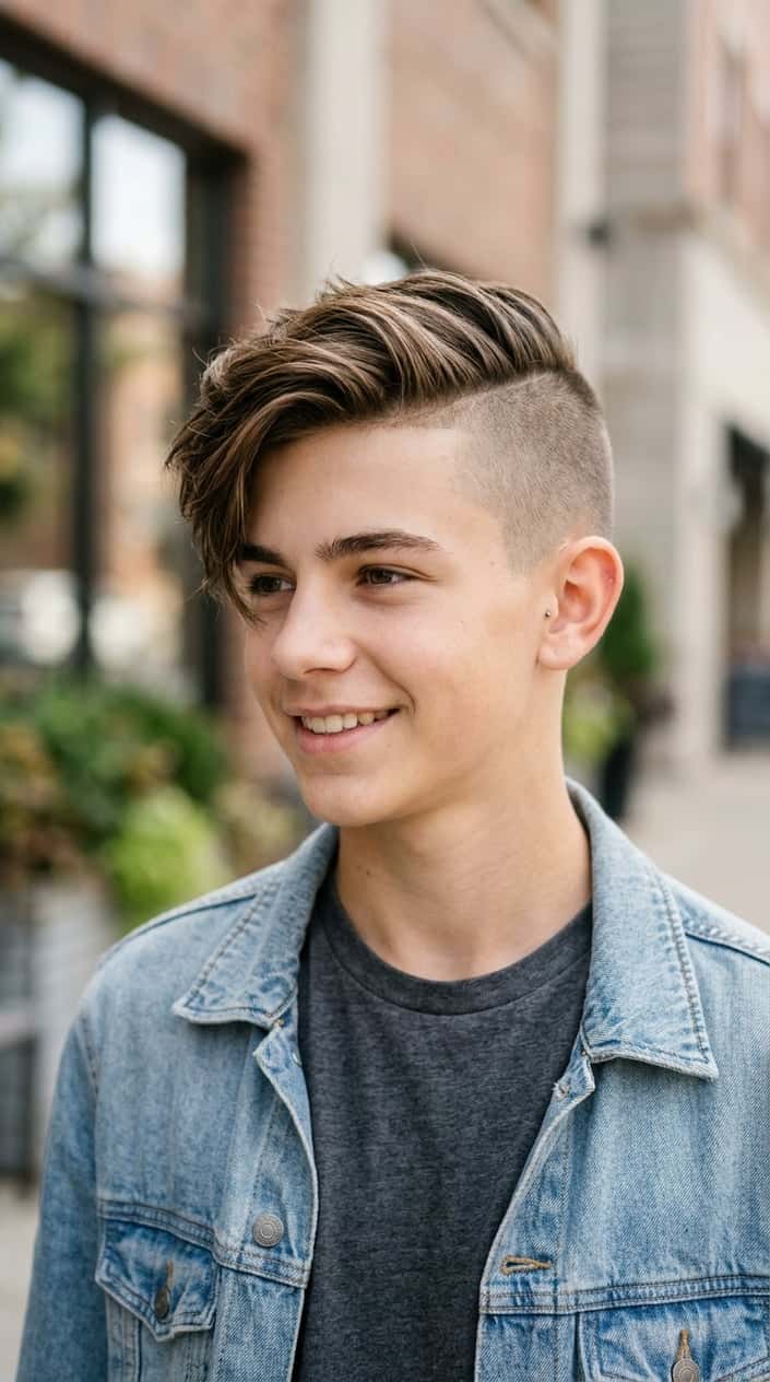 Teenage boy with a side-swept hairstyle looking slightly to the side against a blurred neutral background.