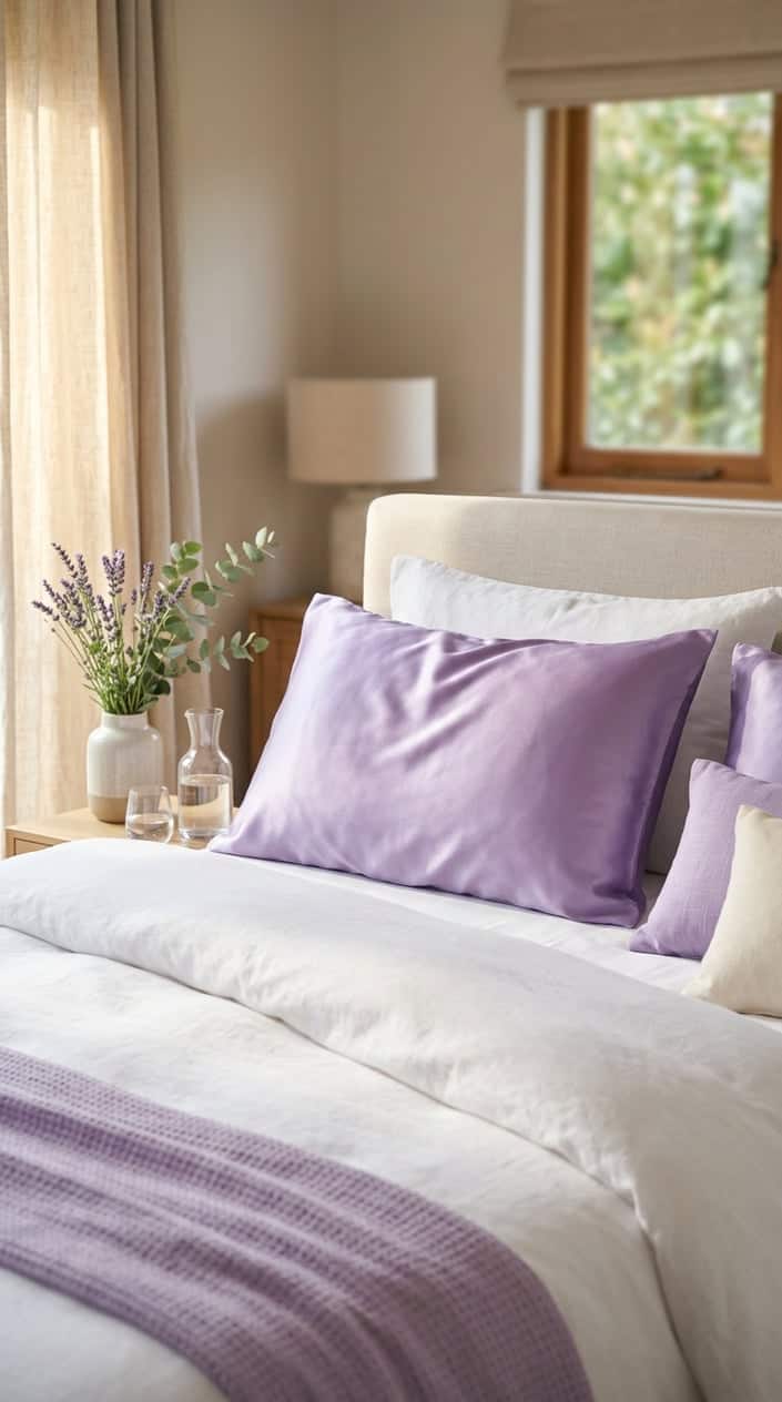 A lavender silk pillowcase on a neatly made bed with white linens in a softly lit bedroom.