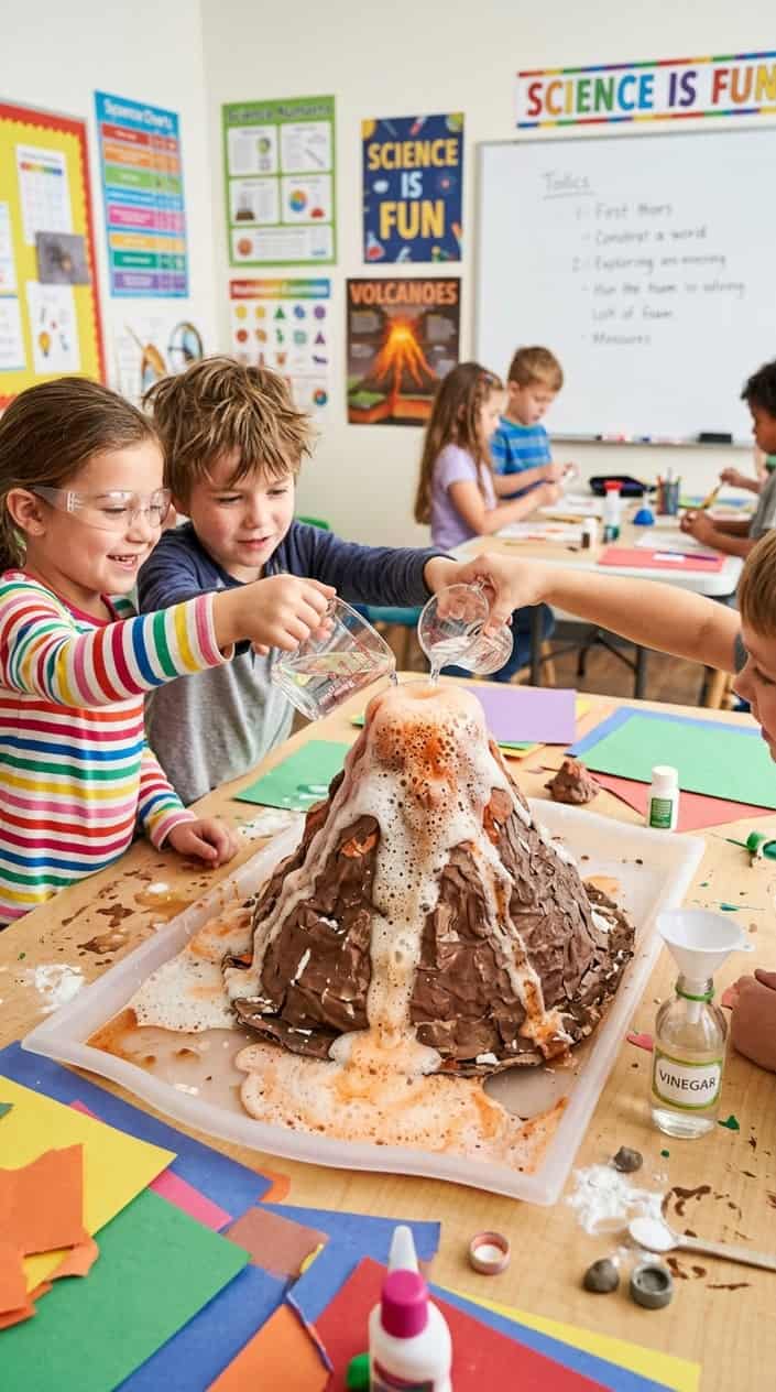 Children’s hands pouring vinegar into a small homemade volcano model that is erupting with foamy bubbles on a table indoors.