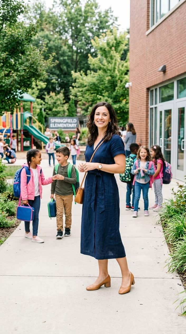 A woman in a navy mid-length wrap dress with short sleeves and a side-tie waist standing near a school building on a sunny day, with children playing in the background.