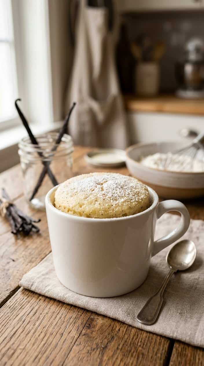 A simple white ceramic mug holding a pale golden vanilla mug cake, lightly domed at the top, on a wooden table with a small jar of vanilla beans and a scattering of flour visible in the soft background.