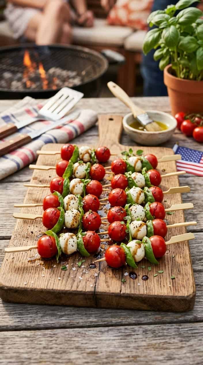 Skewers with cherry tomatoes, mozzarella balls, and basil leaves arranged on a wooden board, ready to serve.