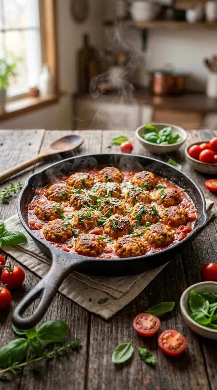 A skillet with chicken meatballs in tomato and basil sauce on a wooden surface, garnished with fresh basil leaves and cherry tomatoes.