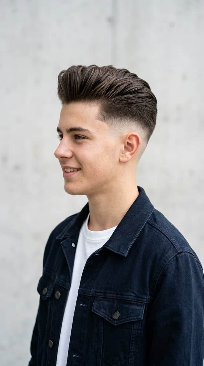 Teenage boy with a short fade haircut and styled top hair, looking slightly to the side in a studio setting.