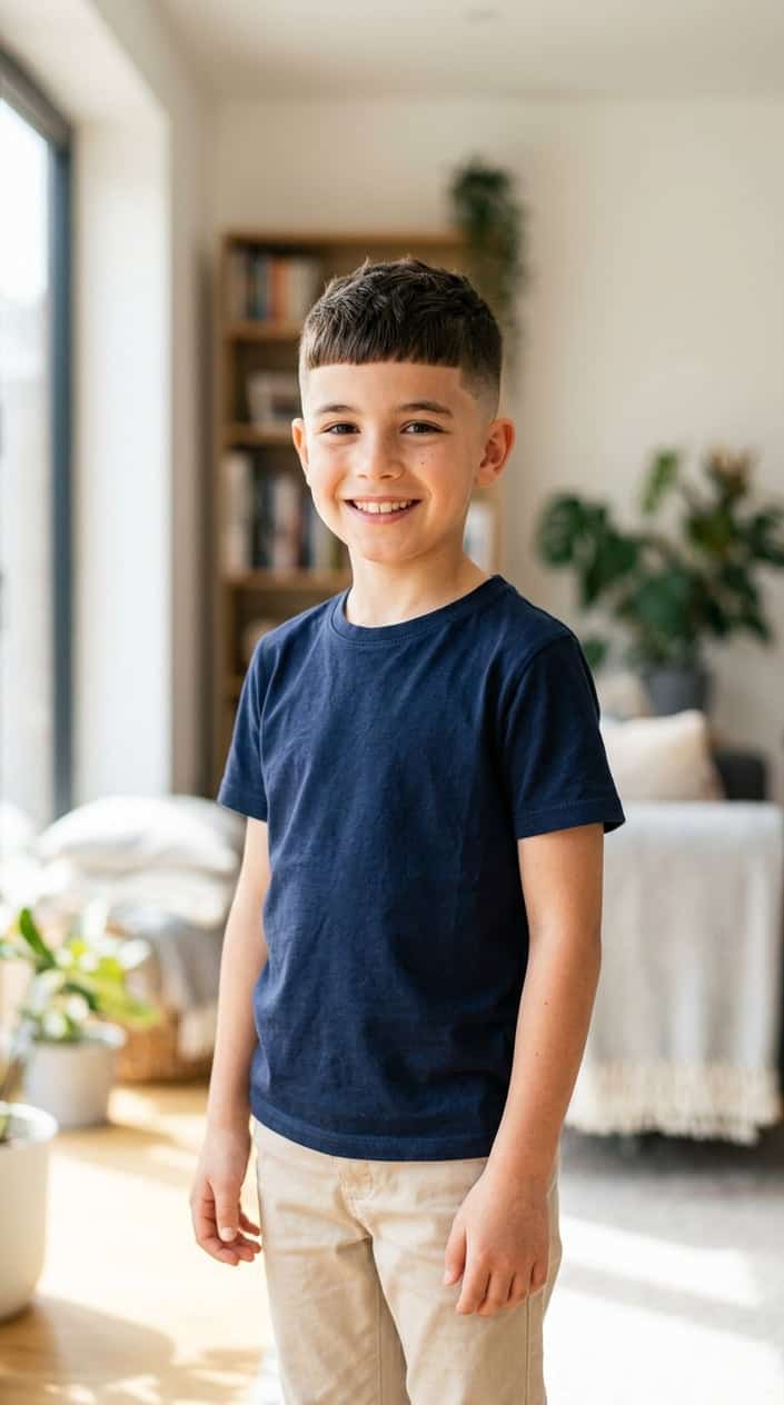 A young boy with a fresh haircut smiling indoors.