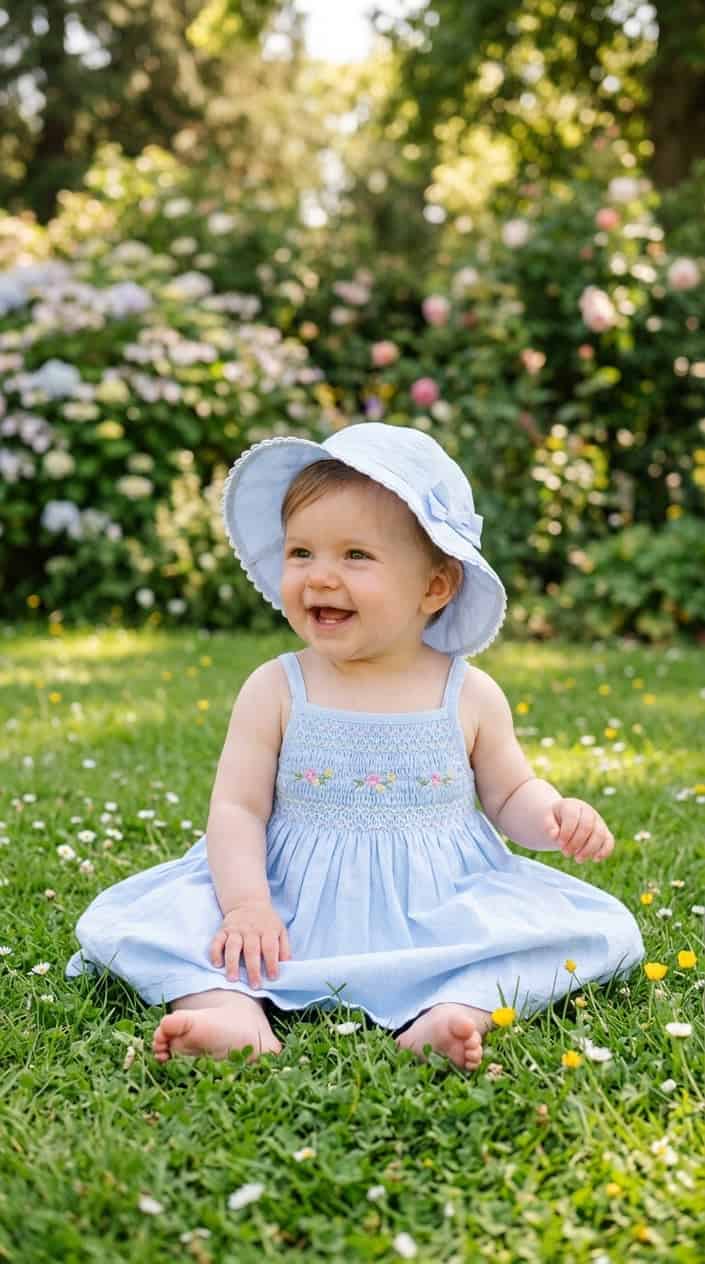 17 Baby Dress Designs for Summer That Are Actually Soft Enough to Wear 10 A baby wearing a sleeveless smocked sundress and sunhat outdoors on grass on a sunny day.