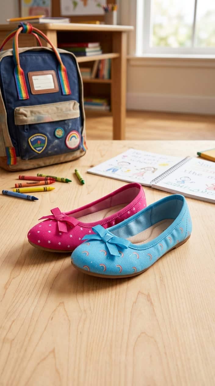 A pair of colorful slip-on ballet flats for children placed on a neutral surface with school supplies nearby.