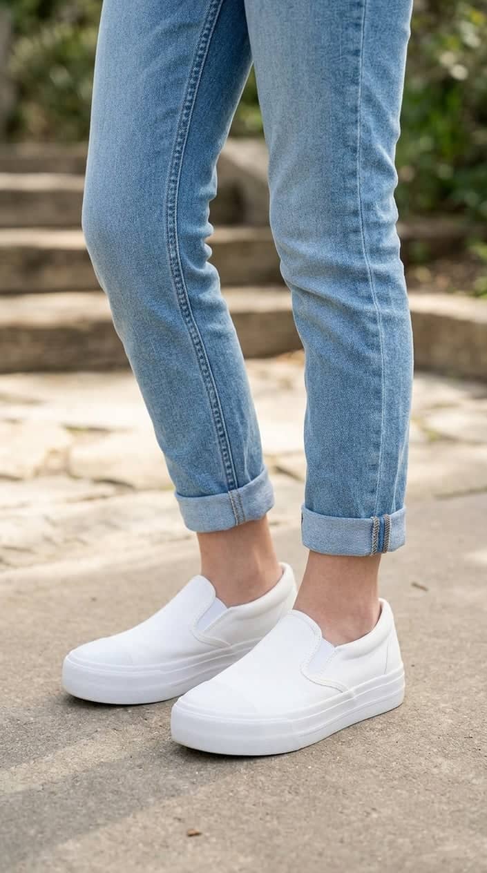 Close-up of a person's legs wearing cuffed jeans and white slip-on platform sneakers.