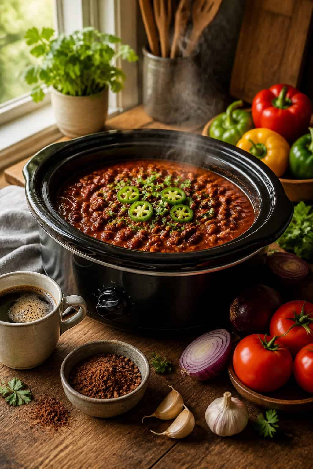 Slow cooker filled with beef chili surrounded by fresh ingredients like cocoa powder, espresso, tomatoes, and peppers on a wooden kitchen countertop.