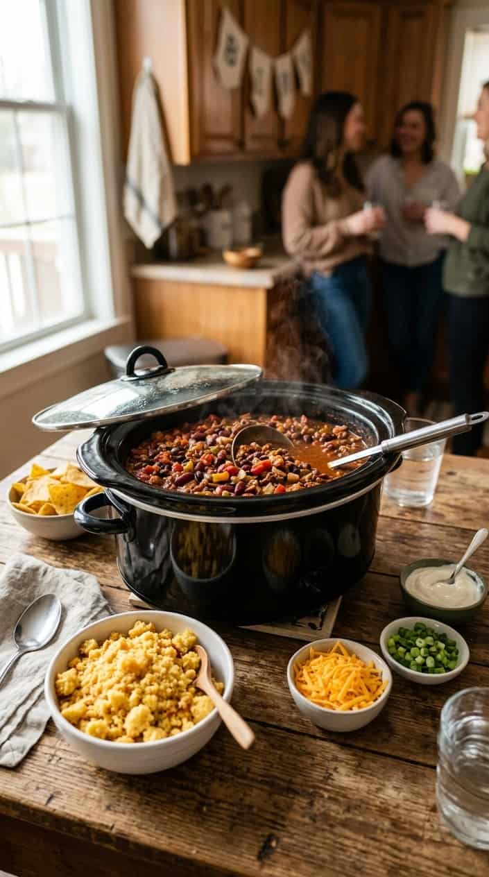 A slow-cooker filled with chili and a bowl of crumbled cornbread topping on a wooden table with small bowls of cheese, green onions, and sour cream nearby.