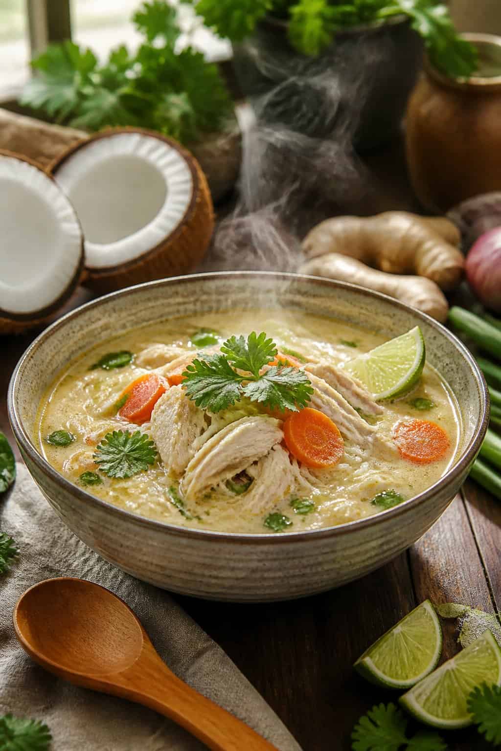 A bowl of steaming coconut chicken noodle soup with vegetables on a wooden table surrounded by fresh ingredients.